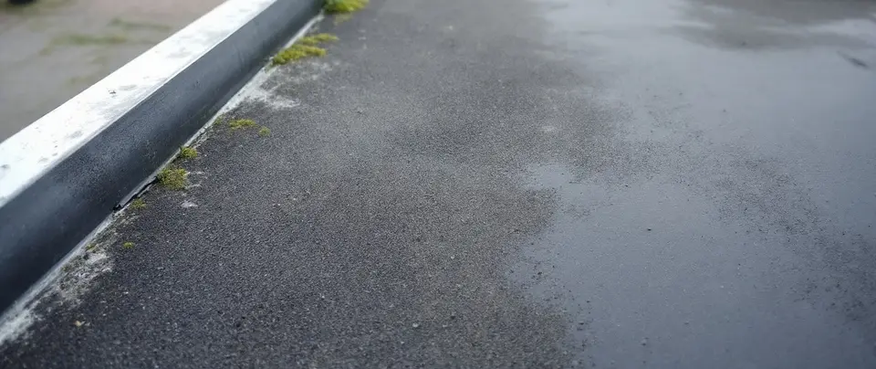Oud plat garagedak met grijze bitumen dakbedekking, een opstaande dakrand en wat mos op de naad