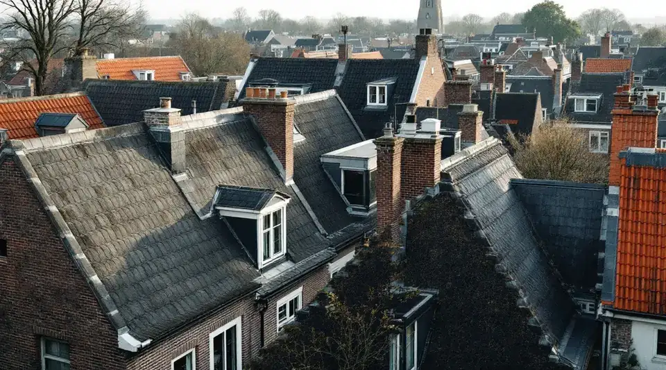 Daken van een oude Nederlandse stad van bovenaf: oranje pannendaken, grijze leien, schoorstenen en dakkapellen, met een kerktoren in de verte