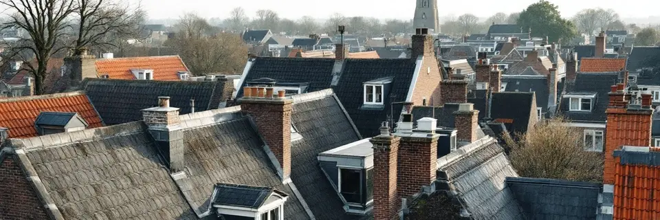 Leien en oranje pannendaken van een oude Nederlandse stad, met schoorstenen, dakkapellen en een kerktoren in de verte